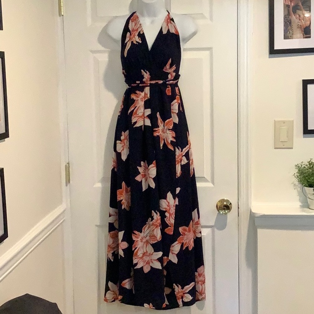 SIMPLEE Blue Floral Open Back Garden Party Summer Wedding Guest Wrap Dress S